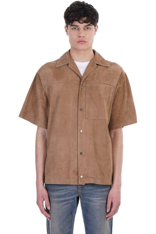 Men's Tan Brown Half Sleeve Suede Leather Shirt