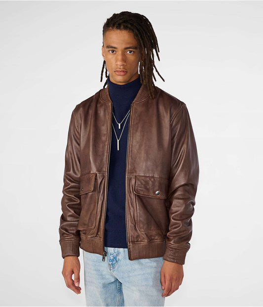 Men's Dark Brown Harrington Leather Bomber Jacket by Avanzar