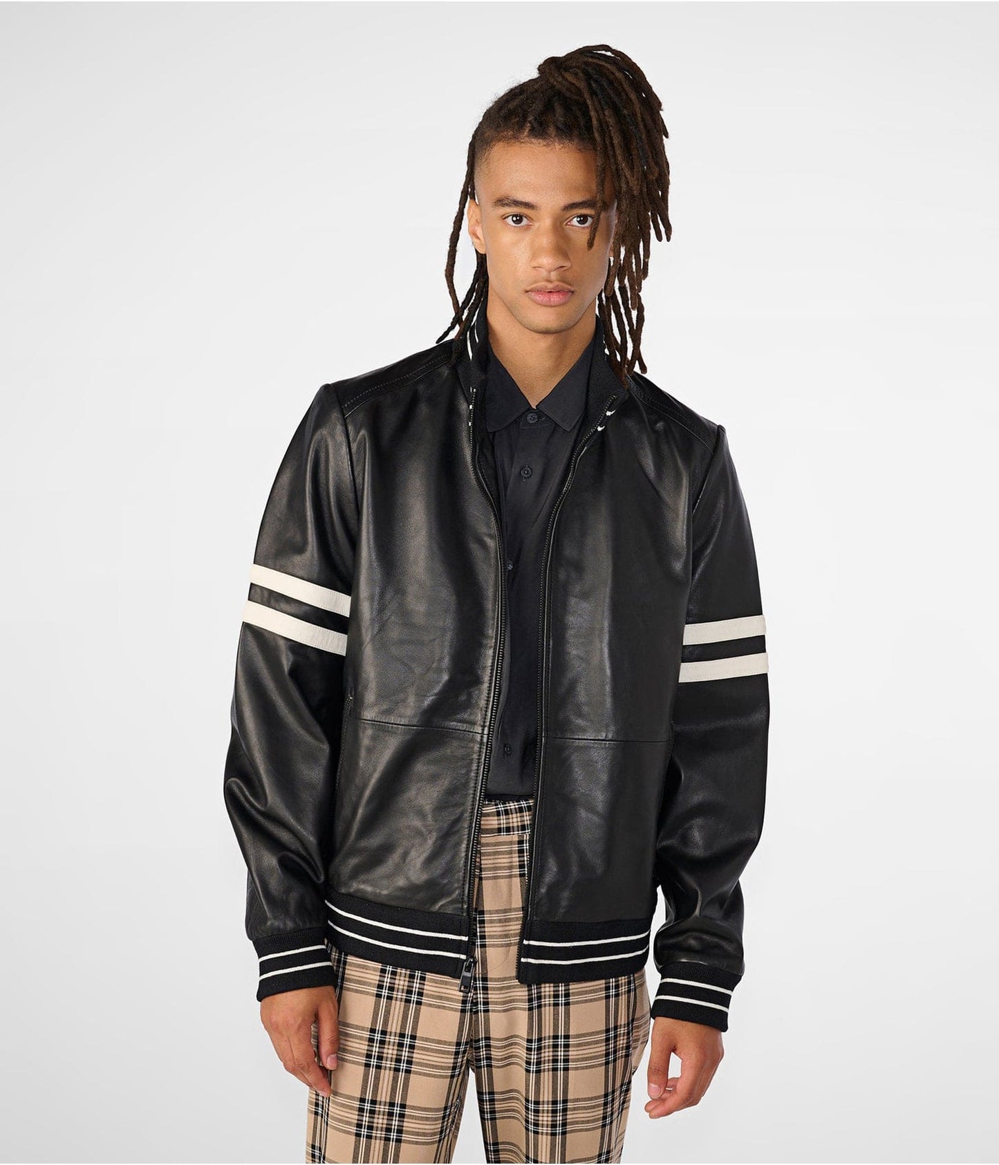 Men's Black Leather Bomber Jacket with Stripes