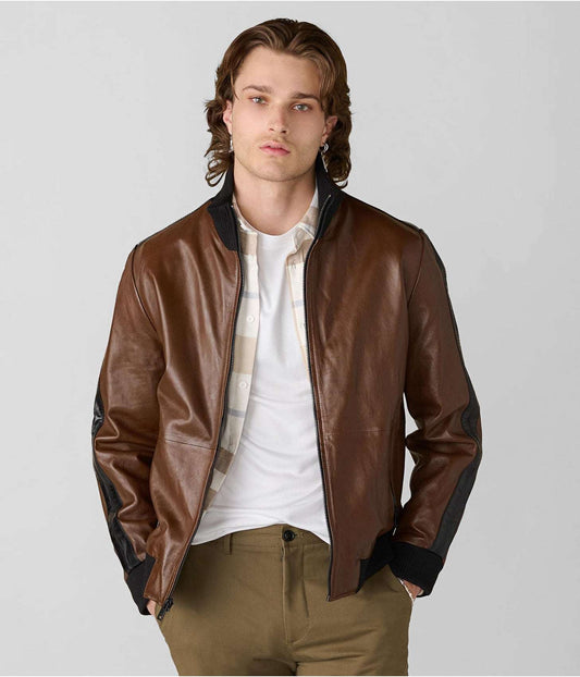 Men's Chocolate Brown Leather Bomber Jacket with Stripes