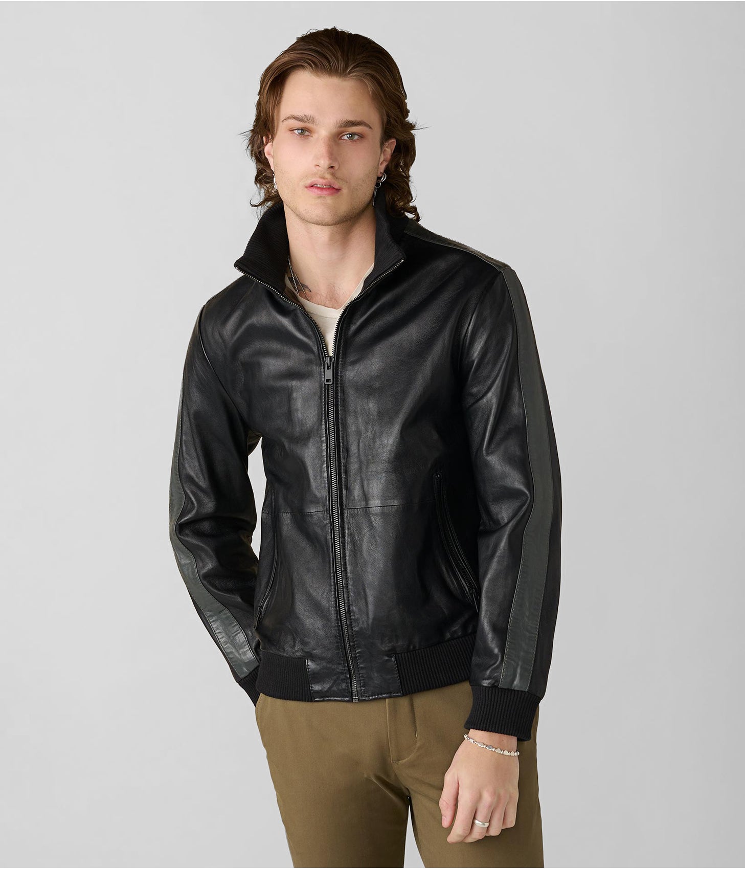 Men's Classic Black Leather Bomber Jacket with Stripes