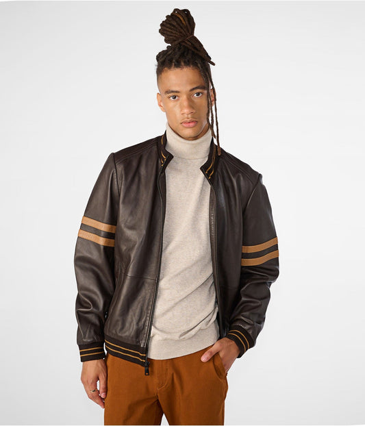 Men's Dark Brown Leather Bomber Jacket with Stripes by Avanzar