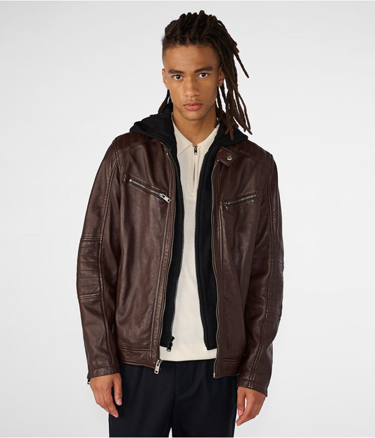 Men's Dark Brown Leather Cafe Racer Moto Jacket by Avanzar