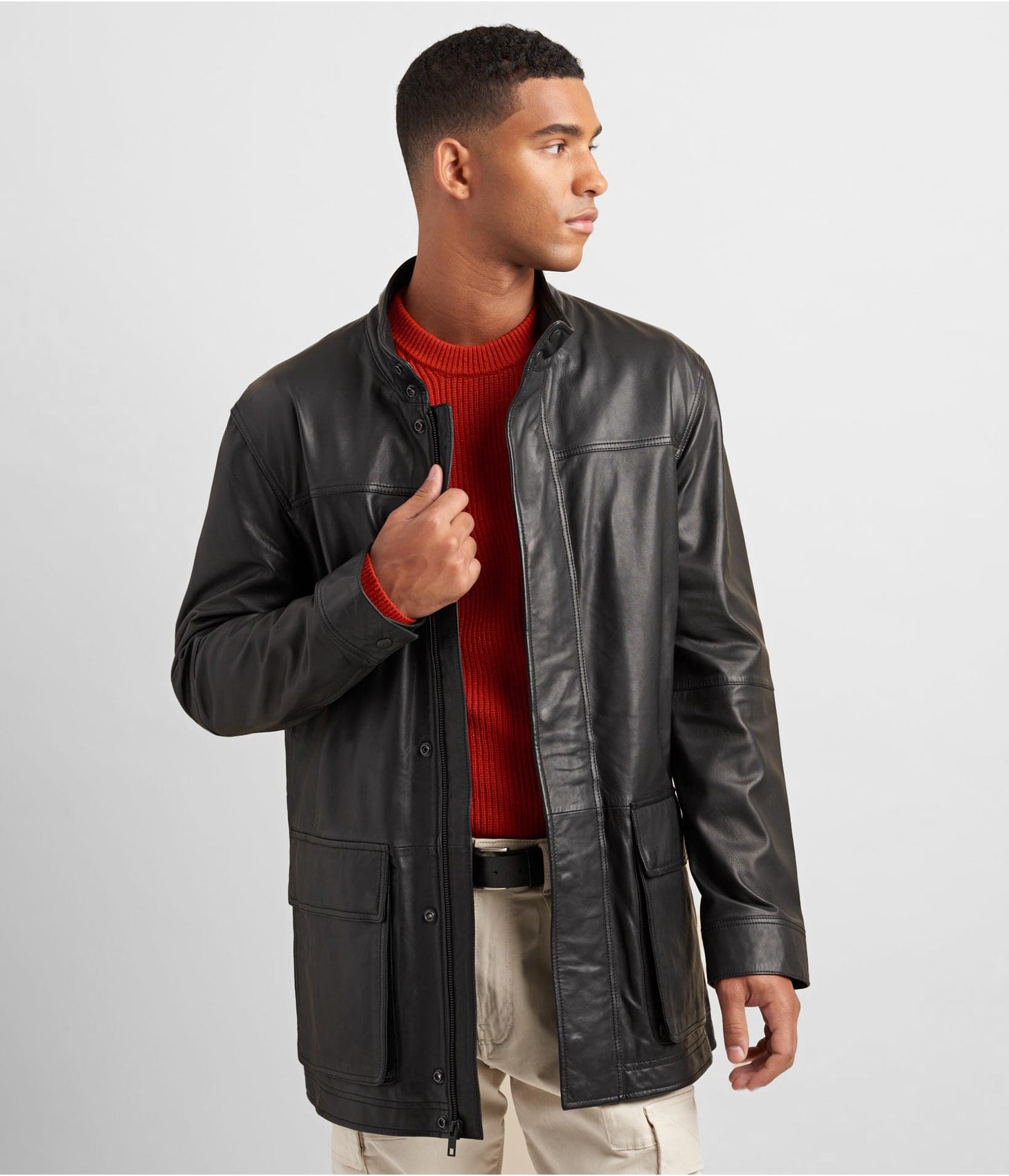 Men's Black Leather Coat with Patch Pockets