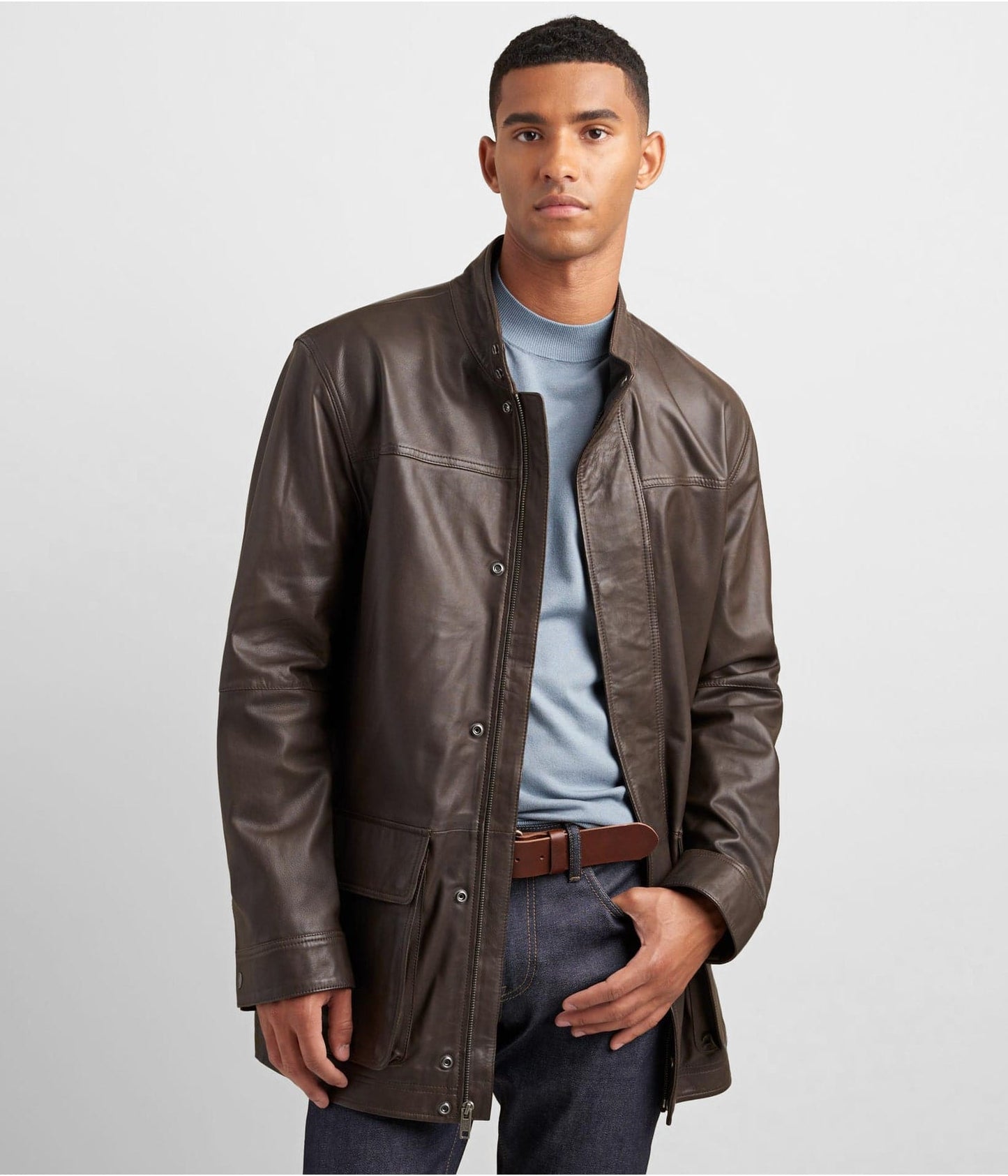 Men's Dark Brown Leather Coat with Patch Pockets