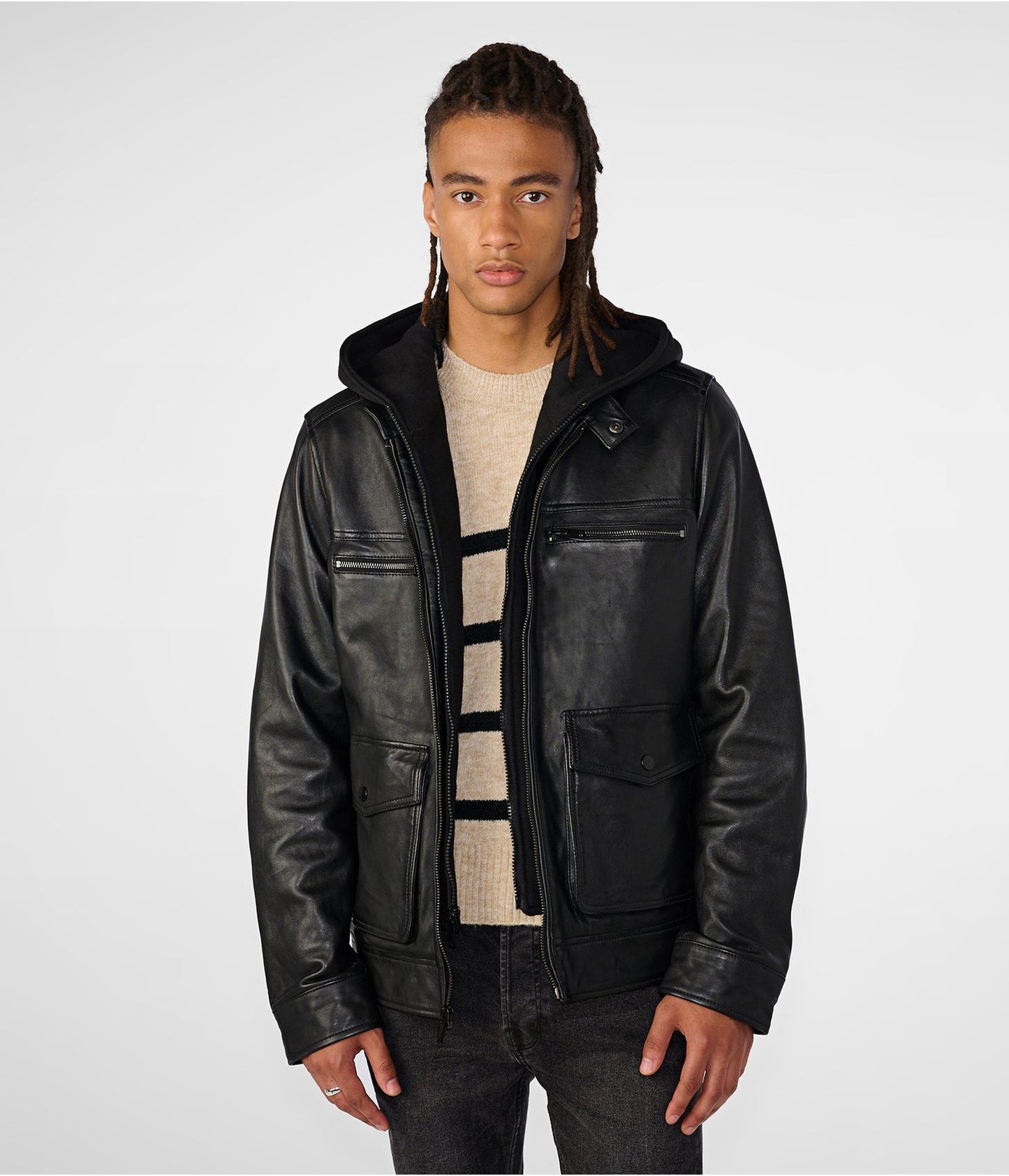 Men's Black Leather Harrington Moto Jacket