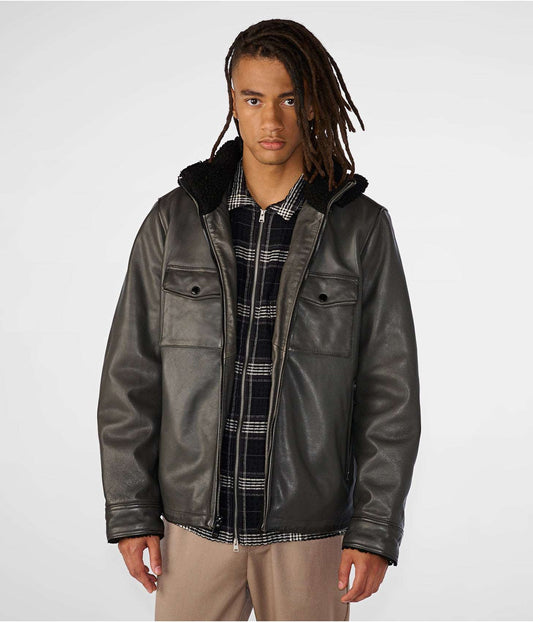 Men's Gray Leather Harrington Shearling Jacket by Avanzar