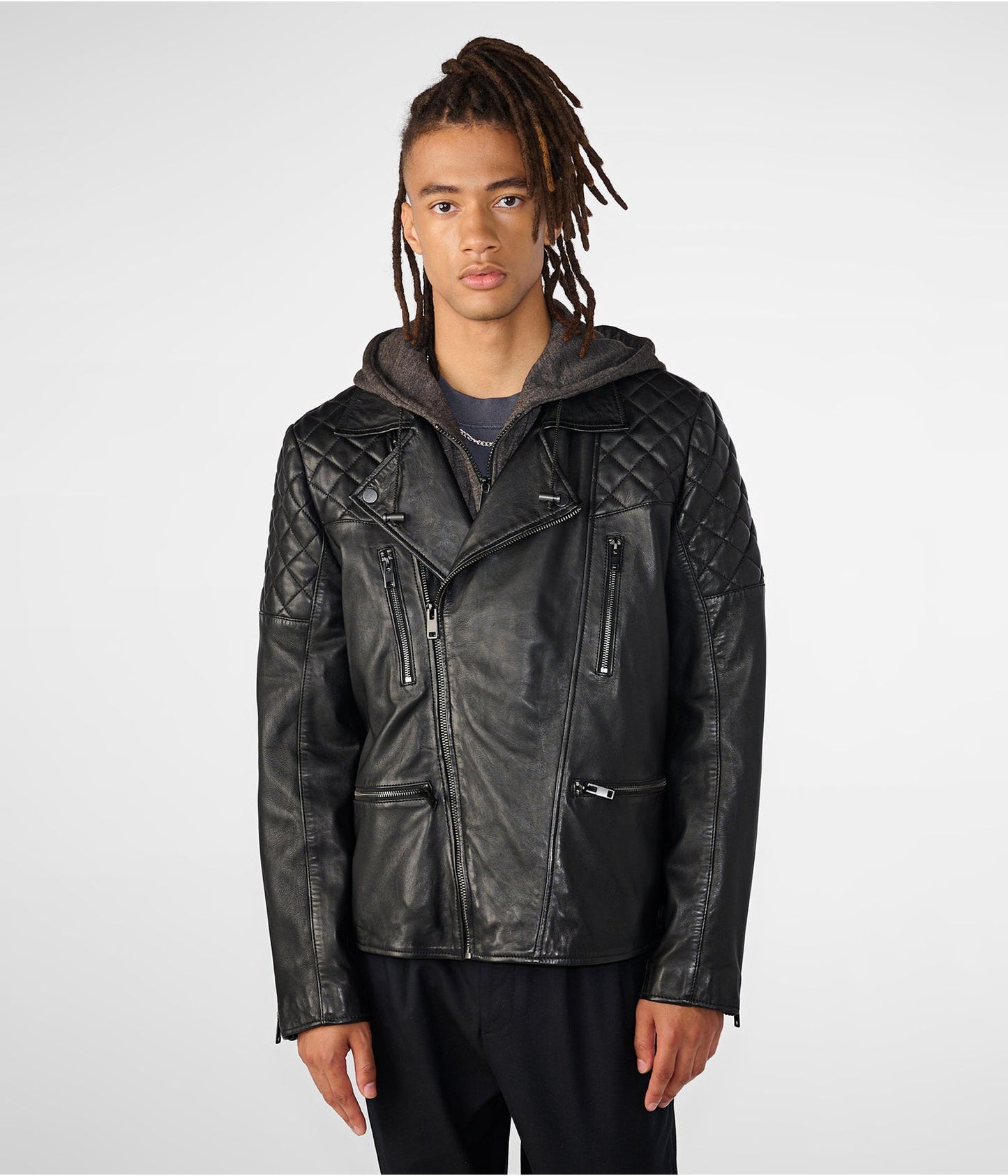 Men's Black Leather Moto Jacket with Removable Hood