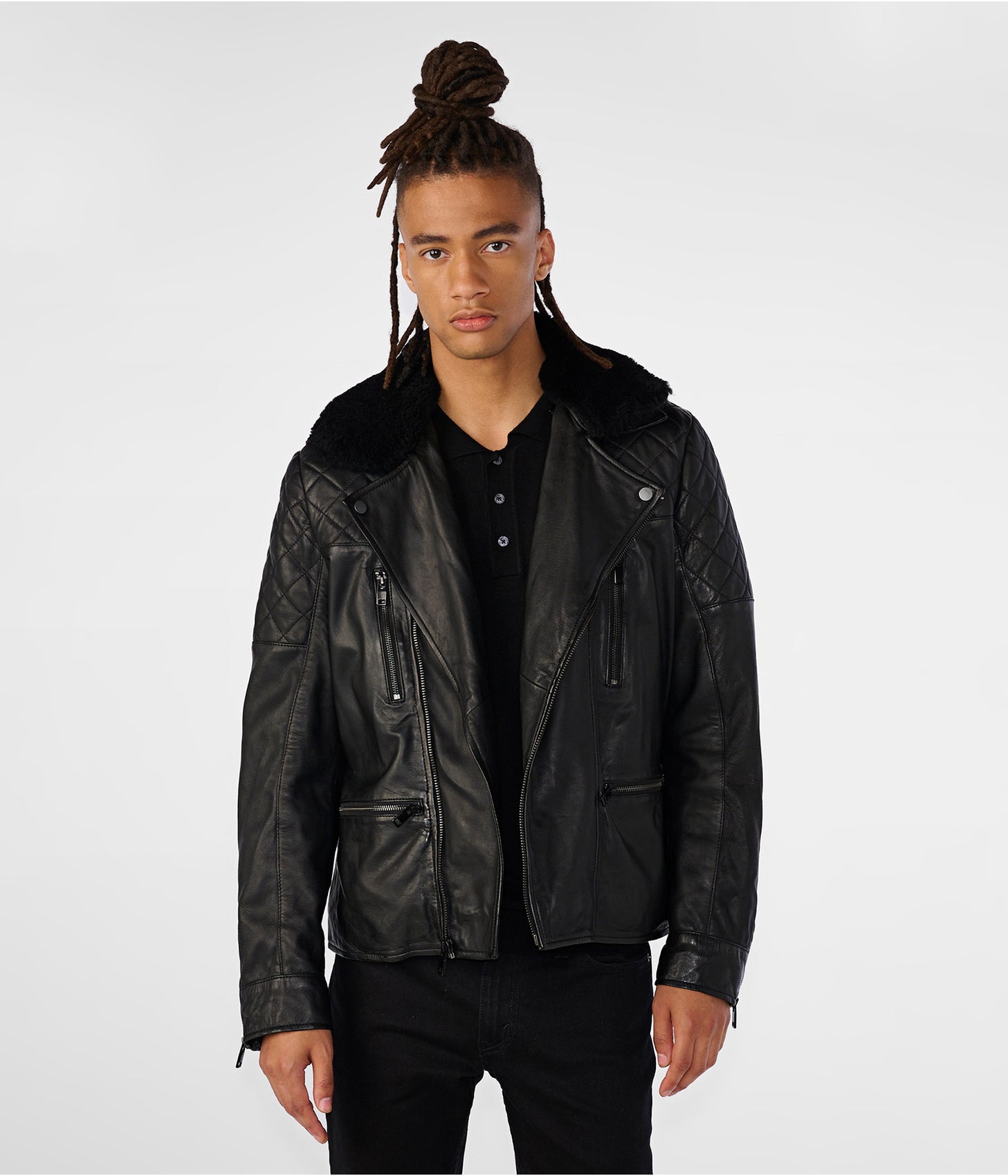 Men's Black Leather Shearling Biker Jacket