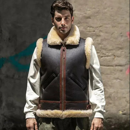 Men's Leather Shearling Vest In Dark Brown