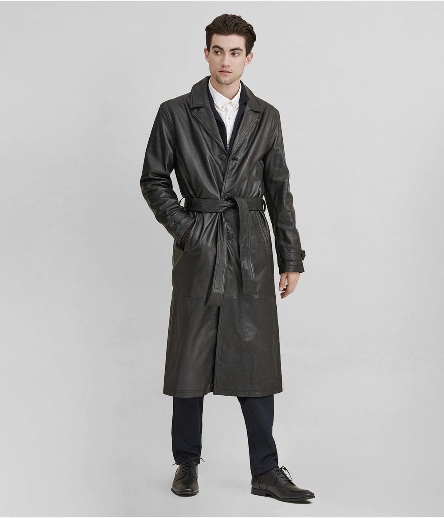 Men's Black Belted Leather Trench Coat