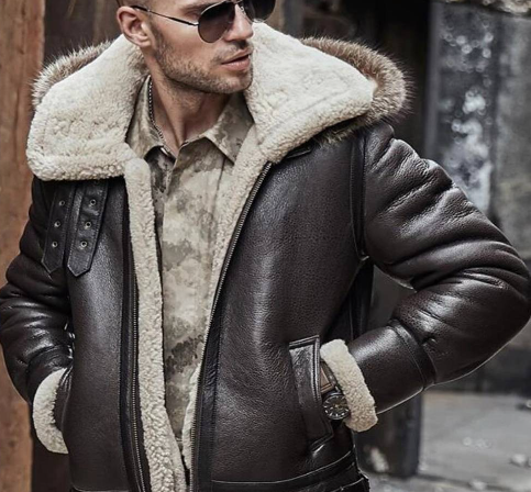 Men's Shearling Aviator Parka Leather Jacket in Dark Brown