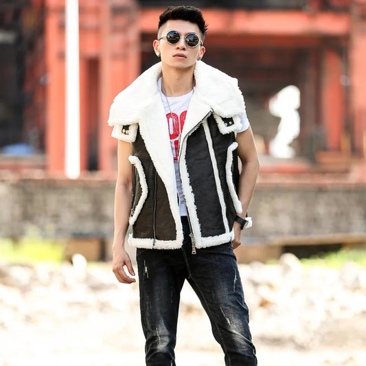 Men's Shearling Leather Vest In Black With Crackle Texture