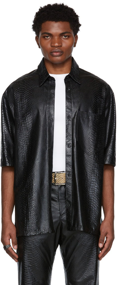 Men's Black Snake Print Leather Shirt