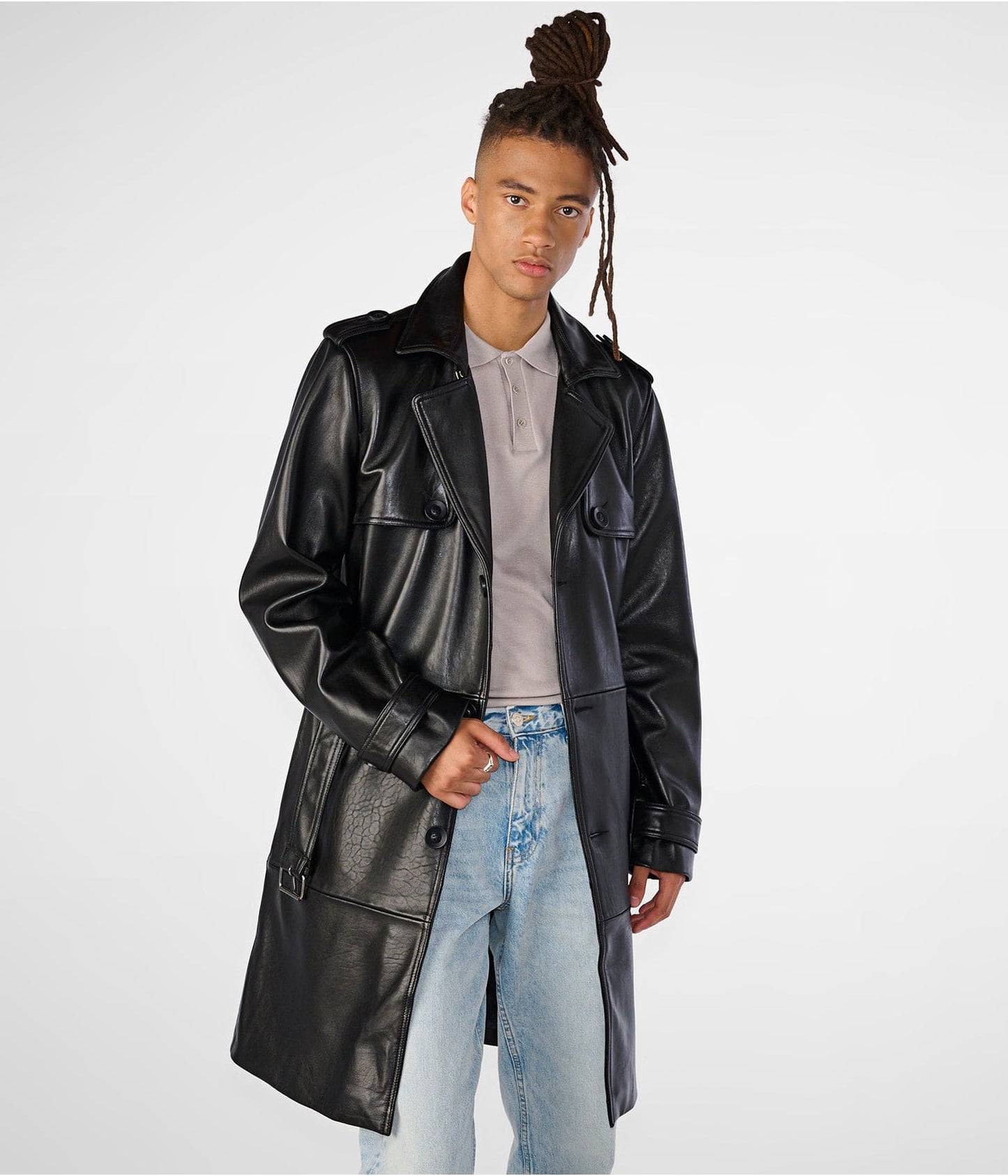 Men's Black Belted Trench Leather Coat