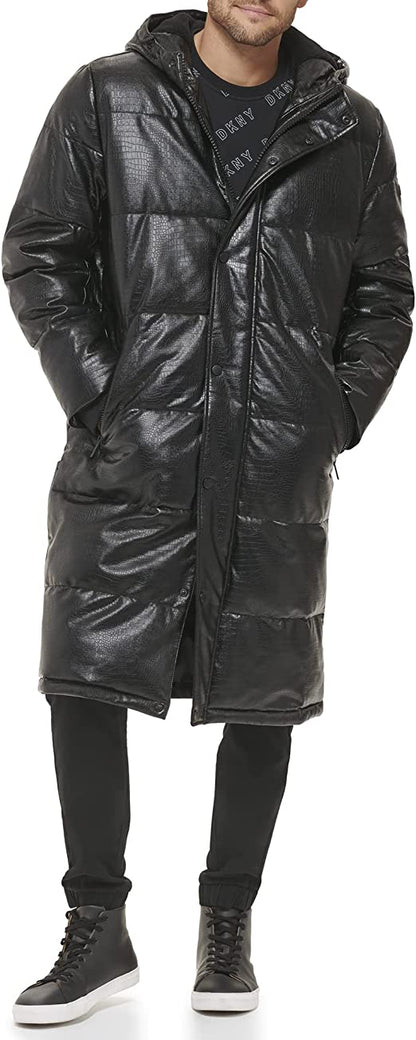 Men's Black Snakeskin Texture Trench Puffer Leather Coat