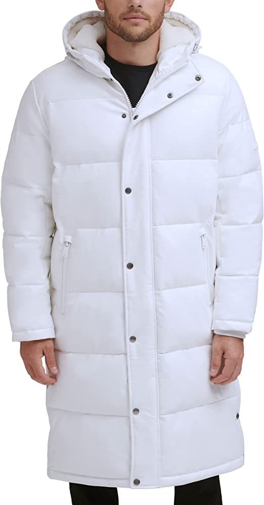 Men's White Trench Puffer Leather Coat