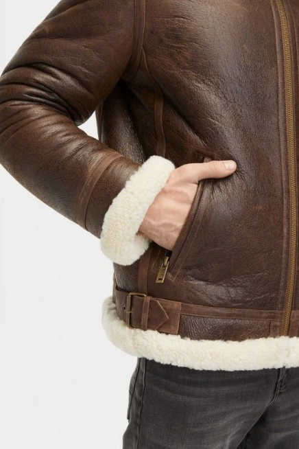 Men's Dark Brown Sheepskin Leather Jacket with White Fur