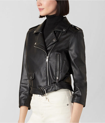 Women's Black Biker Leather Jacket with 3/4 Sleeves