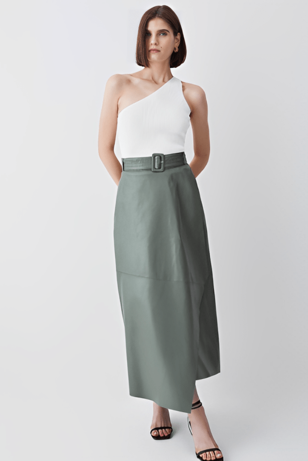 Women's Khaki Leather Maxi Skirt