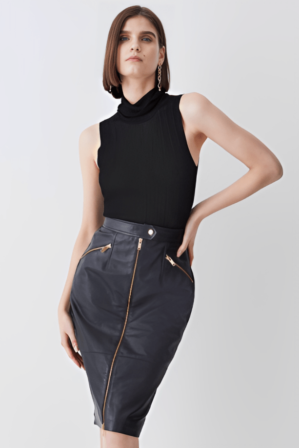 Women's Black Leather Pencil Skirt