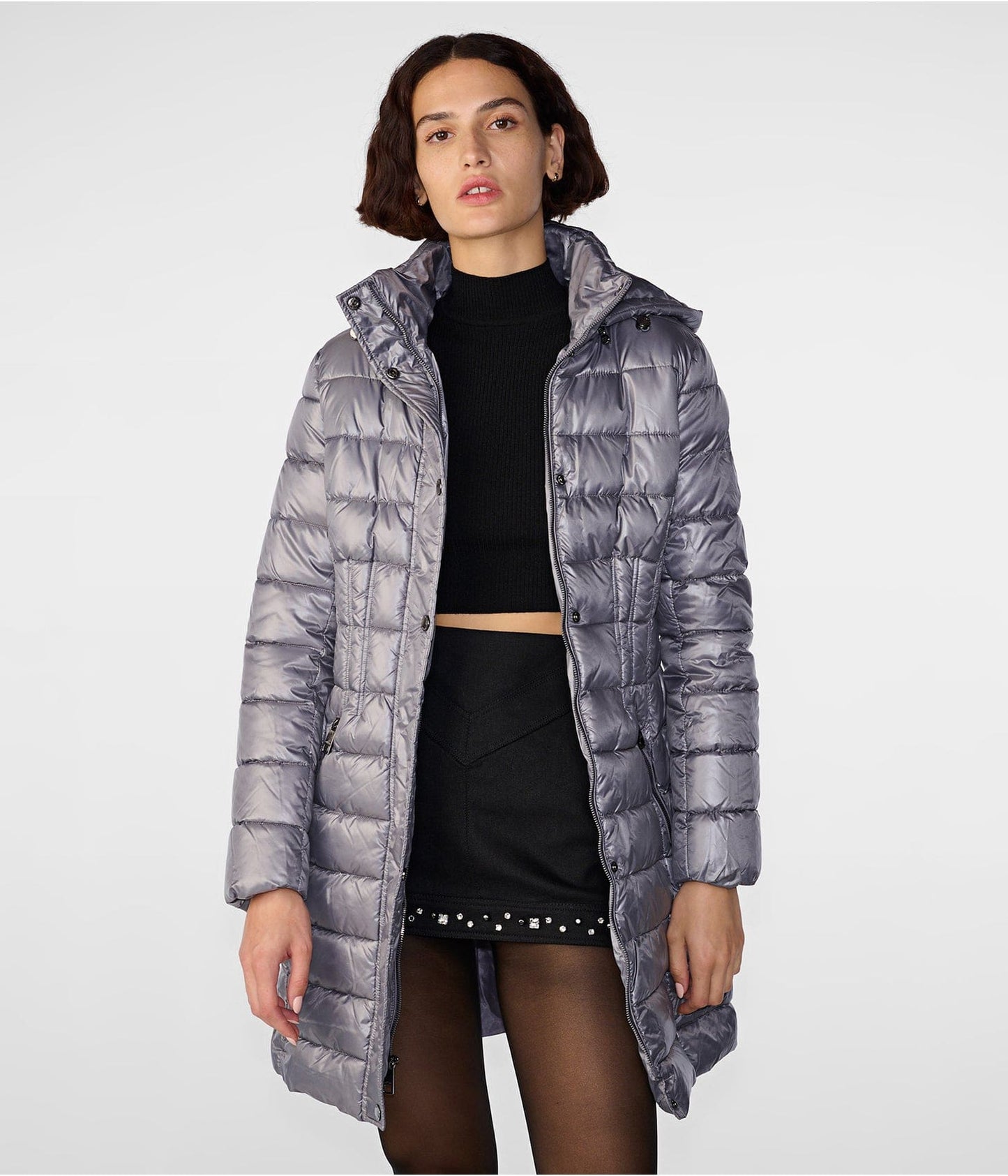 Women's Gray Quilted Puffer Coat with Hood