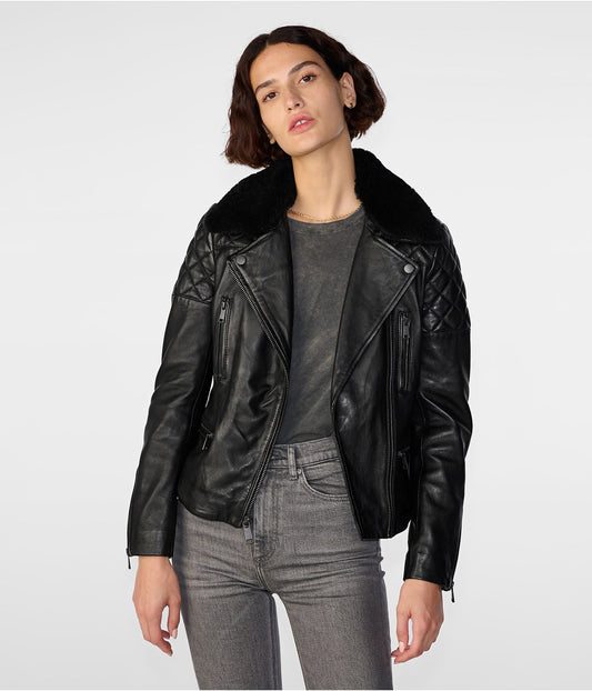 Women's Black Shearling Leather Biker Jacket