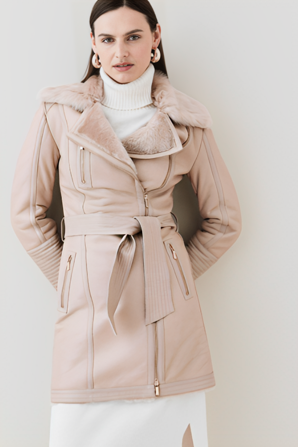 Women's Beige Shearling Leather Coat with Elegant Design