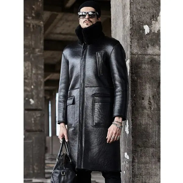 Men's Double Sided Shearling Leather Coat In Black