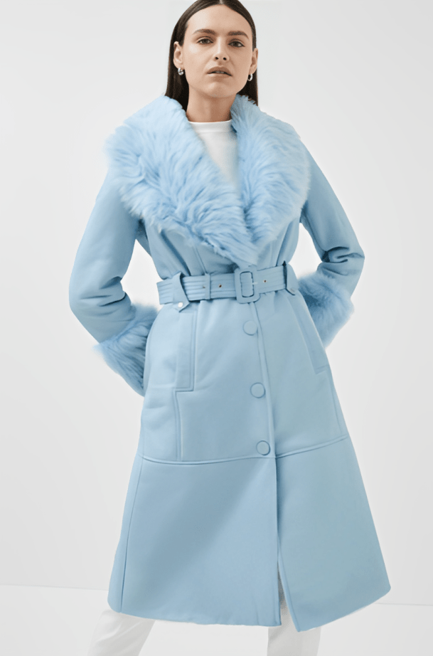 Women's Sky Blue Shearling Leather Trench Coat with Elegant Design