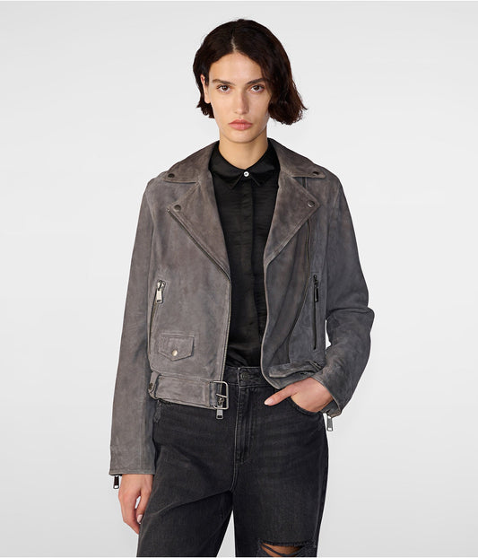 Women's Gray Suede Leather Biker Jacket – Sleek & Sophisticated