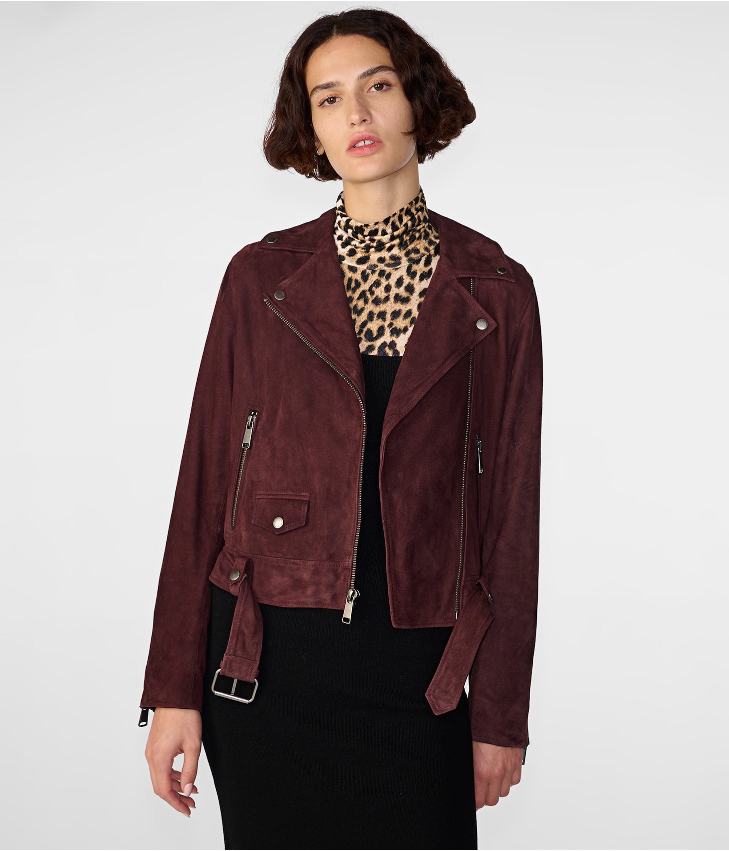 Women's Maroon Suede Leather Biker Jacket – Stylish & Sophisticated