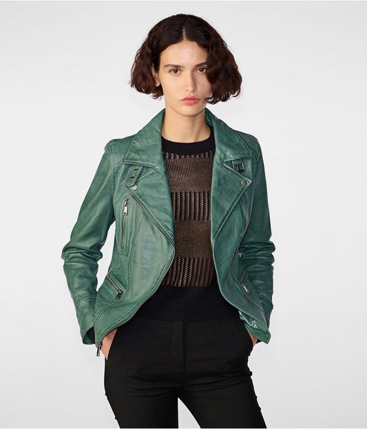 Women’s Distressed Leather Biker Jacket in Sea Green