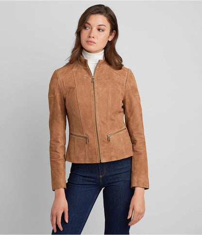 Women's Tan Brown Suede Leather Biker Jacket