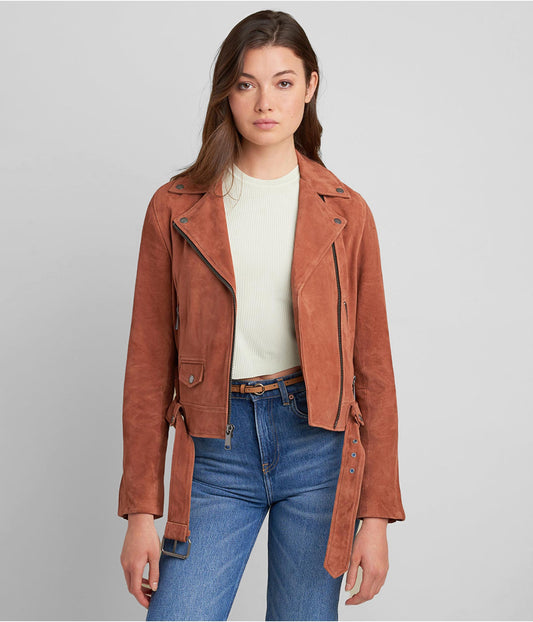 Women's Tan Brown Suede Leather Biker Jacket – Classic & Refined