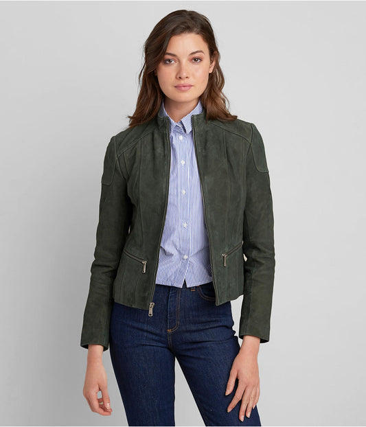 Women’s Suede Leather Biker Jacket in Olive