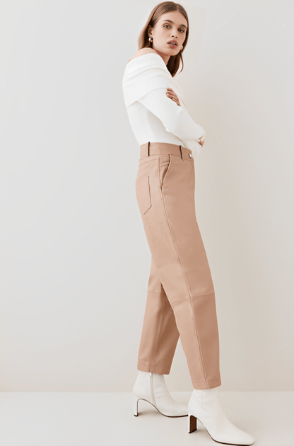 Women's Beige Leather Pants with Modern Fit