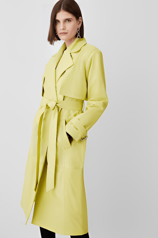 Women's Yellow Leather Trench Coat