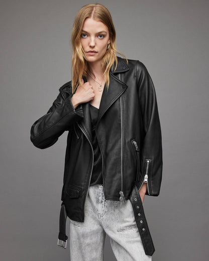 Women's Classic Black Leather Biker Jacket with Belt