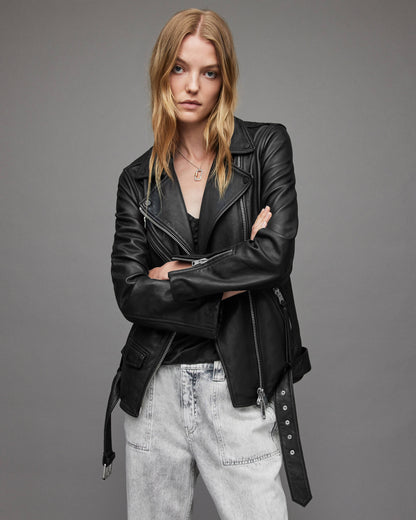 Women's Classic Black Leather Biker Jacket with Belt