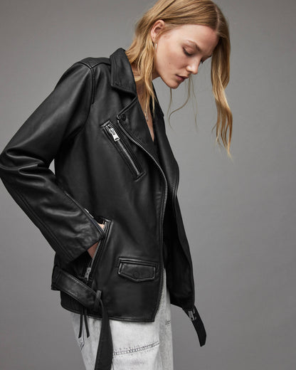 Women's Classic Black Leather Biker Jacket with Belt