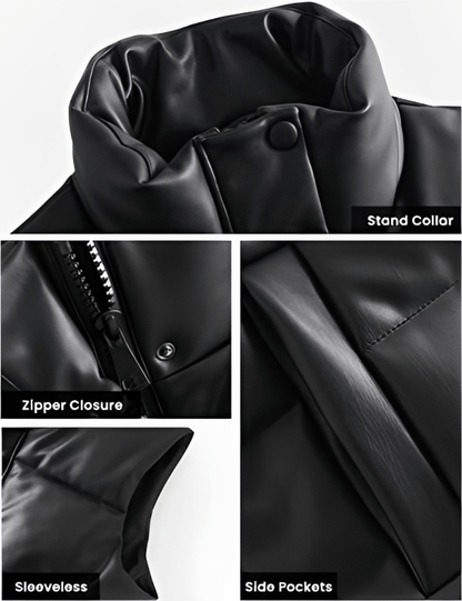 Women's Black Puffer Leather Vest