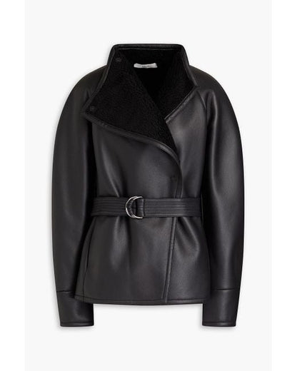 Women's Black Shearling Leather Jacket with Belted Waist - Elegant and Tailored