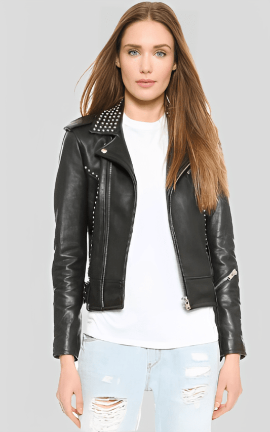 Women's Black Studded Biker Leather Jacket