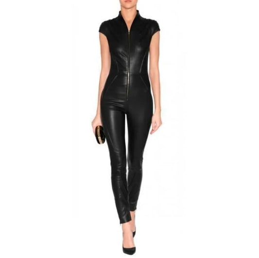 Sleek Black Women's Bodycon Leather Jumpsuit 