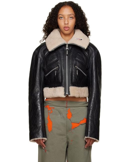 Women's Cropped Black Leather Jacket with Brown Shearling - Chic and Cozy