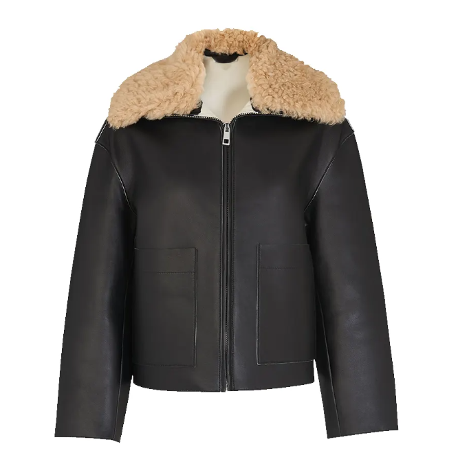 Women's Black Leather Jacket with Brown Sheepskin Fur - Chic and Cozy