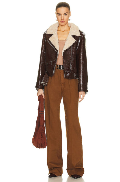 Women's Dark Brown Crocodile-Textured Shearling Leather Biker Jacket