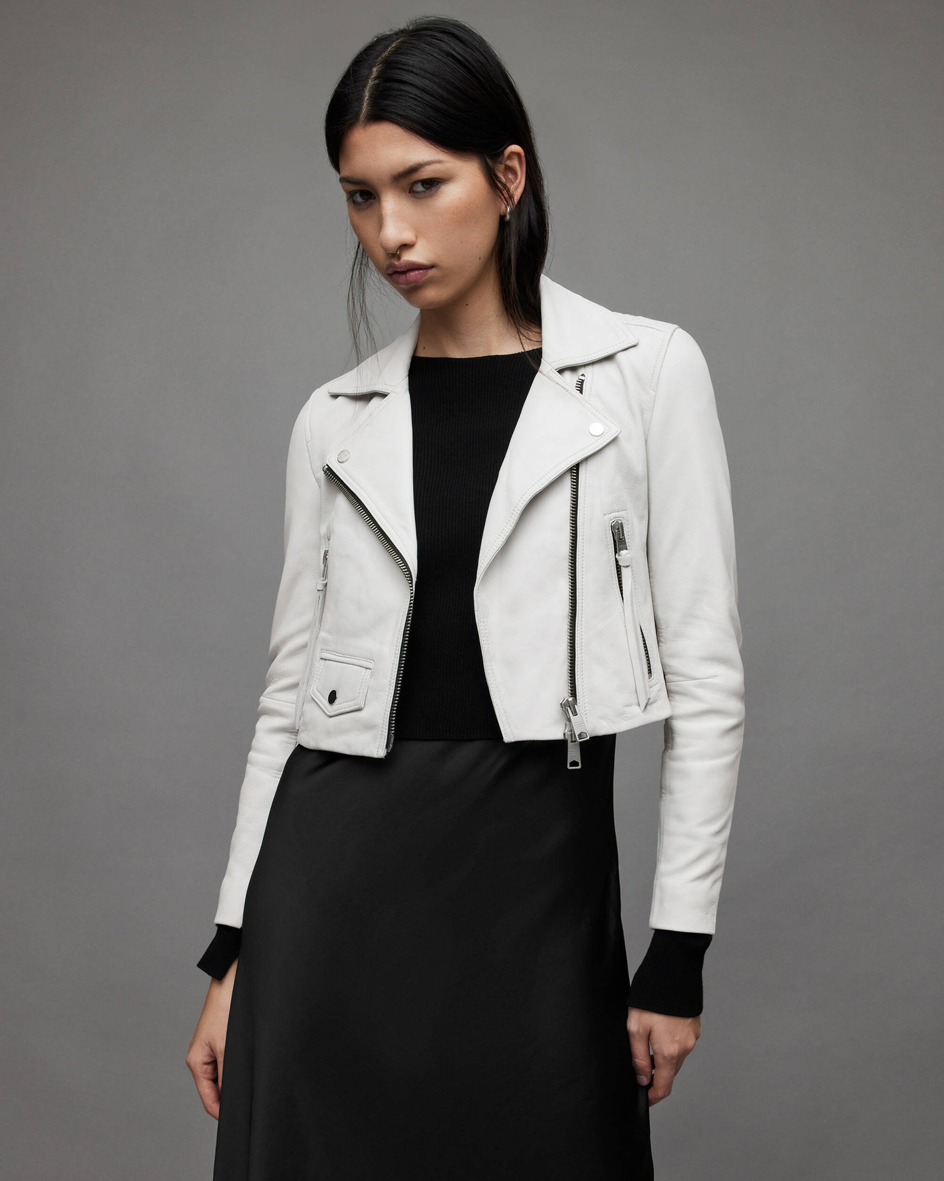 Women's White Cropped Leather Biker Jacket