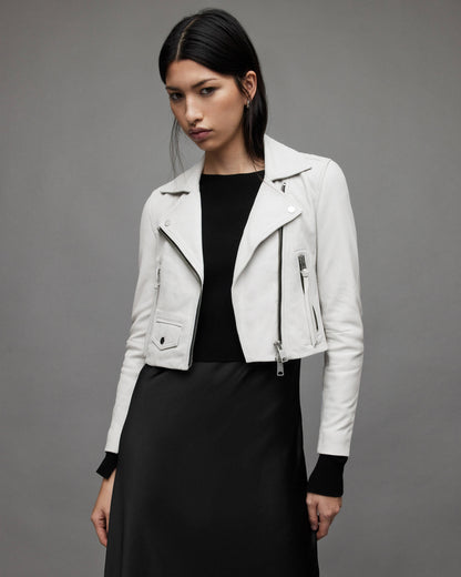 Women's White Cropped Leather Biker Jacket